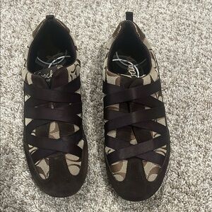 Coach Dark Brown and Beige Criss-Cross Sneakers